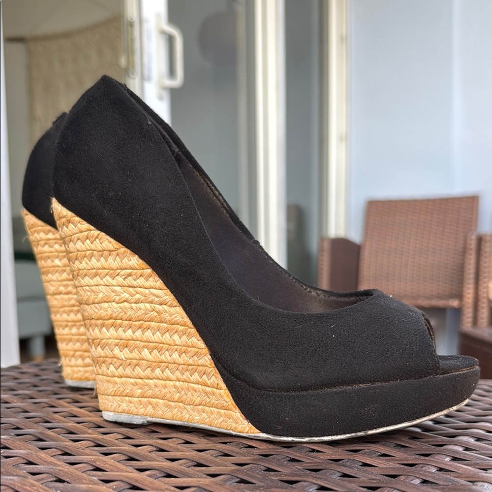 Black Wedge Peep Toe Shoes